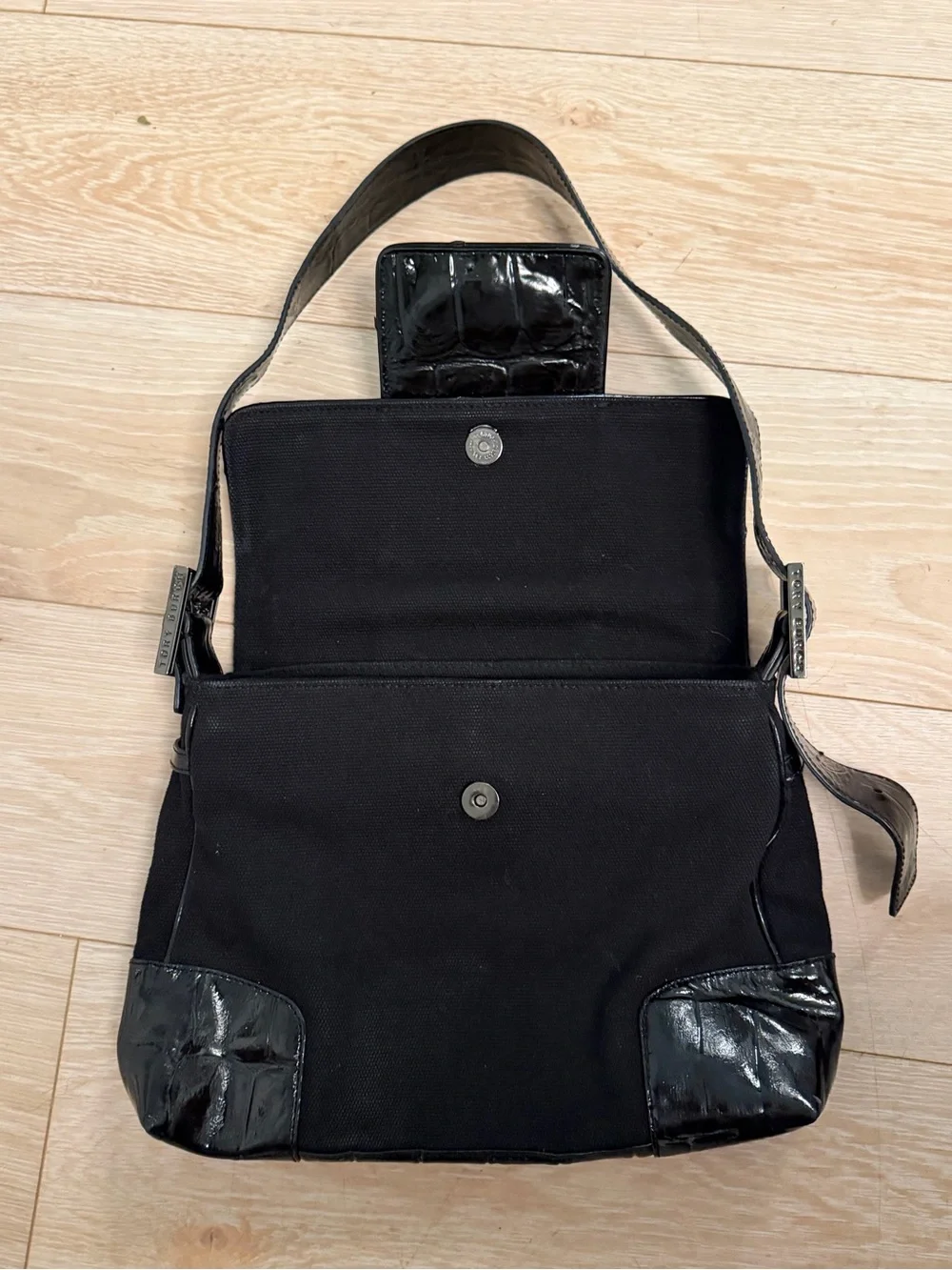 Tory Burch Black Canvas Shoulder Bag with Patent Trim